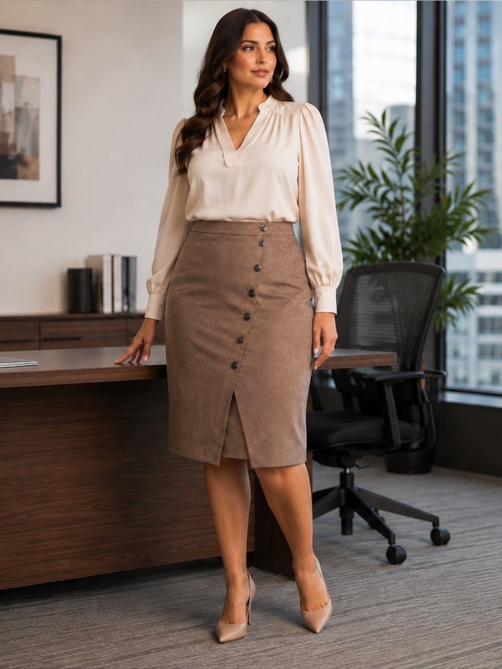 Beautiful Soul Button Front Skirt Women Plus 18/20 Taupe Brushed Polyester knee